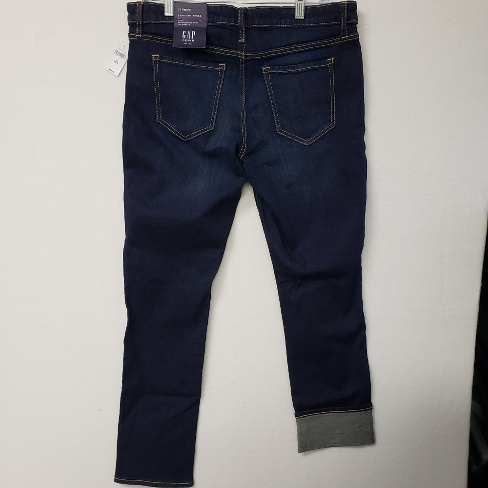 GAP Straight Ankle Jeans Women 10/30R High Rise Dark Blue Denim Whiskers NWT - Picture 4 of 10